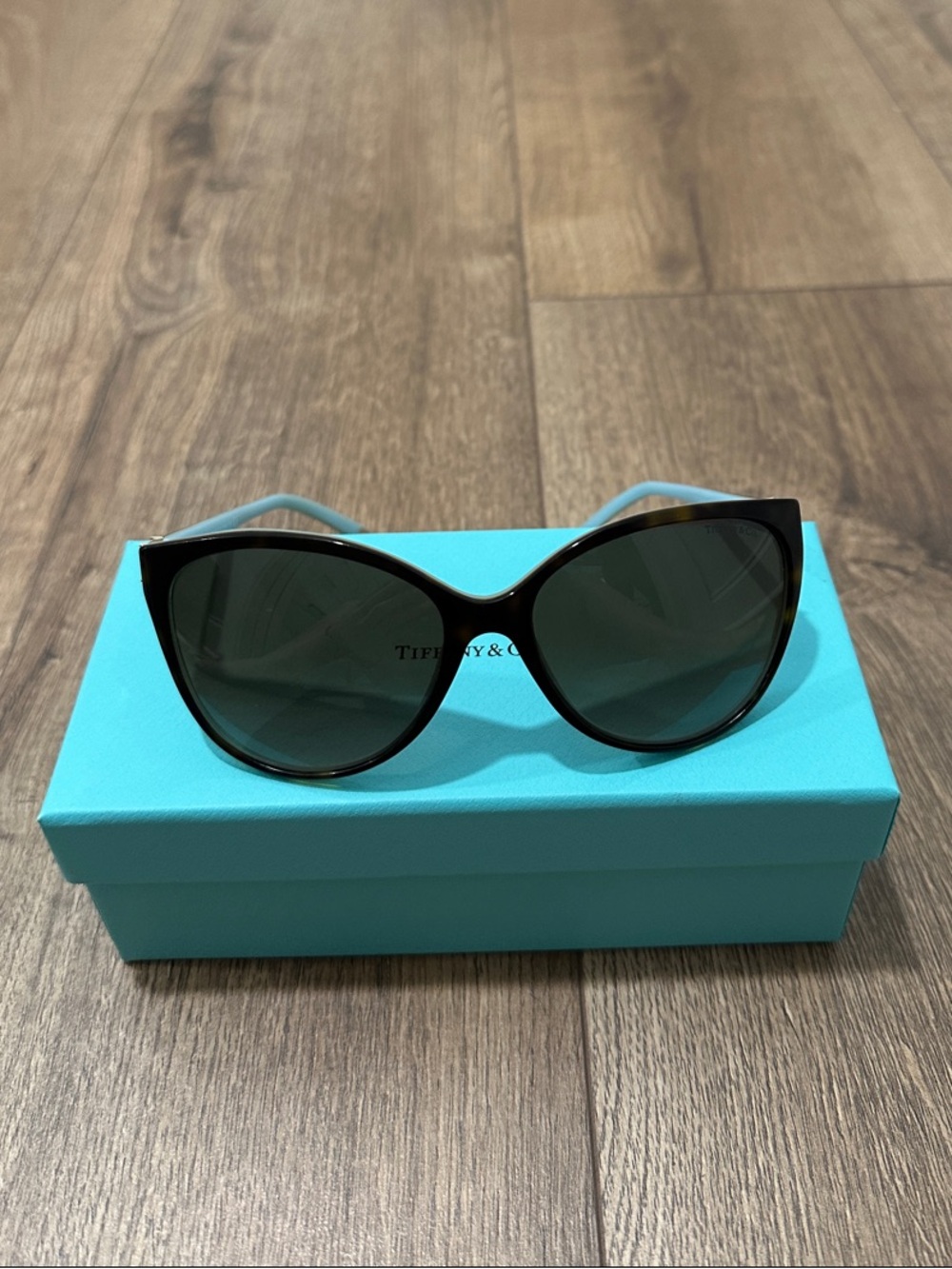 Tiffany & Co. Women's Black Cat-Eye Sunglasses with Teal Case